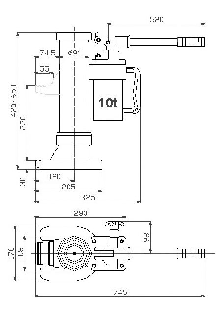 Schéma du cric hydraulique PTJ-S1 POWERTEX 10 tonnes