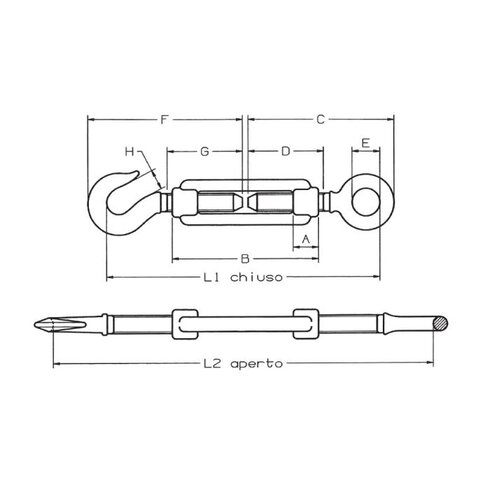 Drawing of the turnbuckle Eye and Hook DIN 1480